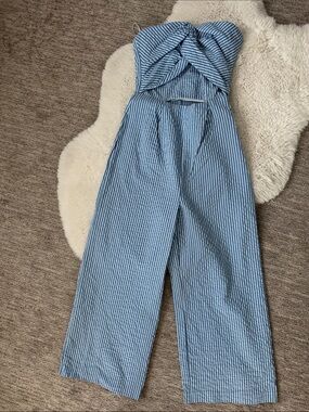 Zara Blue & White Strapless Twist-Front Jumpsuit